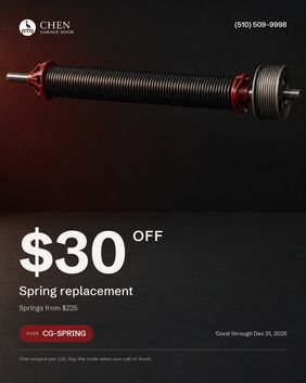 $30 off spring replacement. Springs from $225. Code CG-SPRING, good through Dec 31, 2026.
